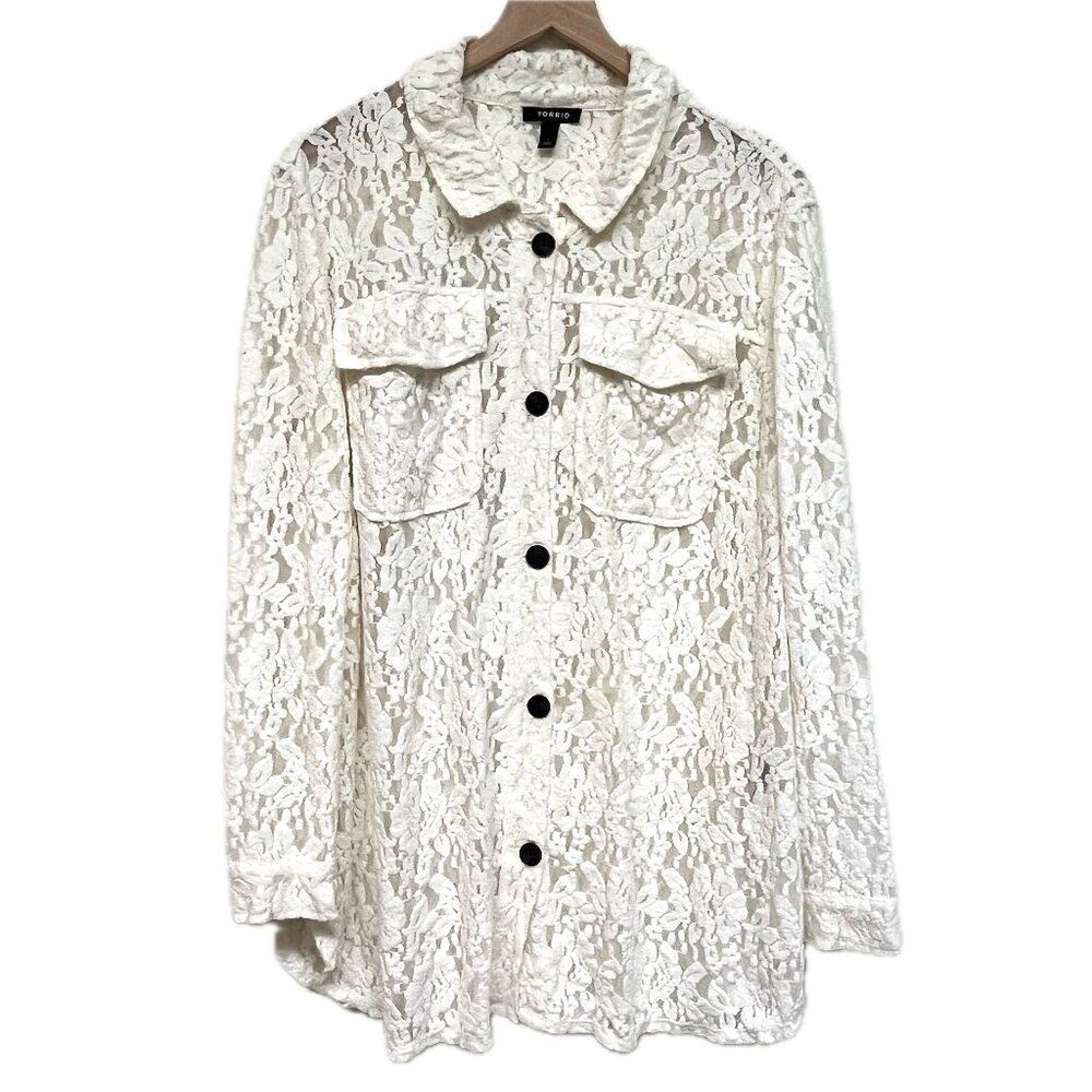 Torrid White See Through Lace Button Up Top - Size 1X